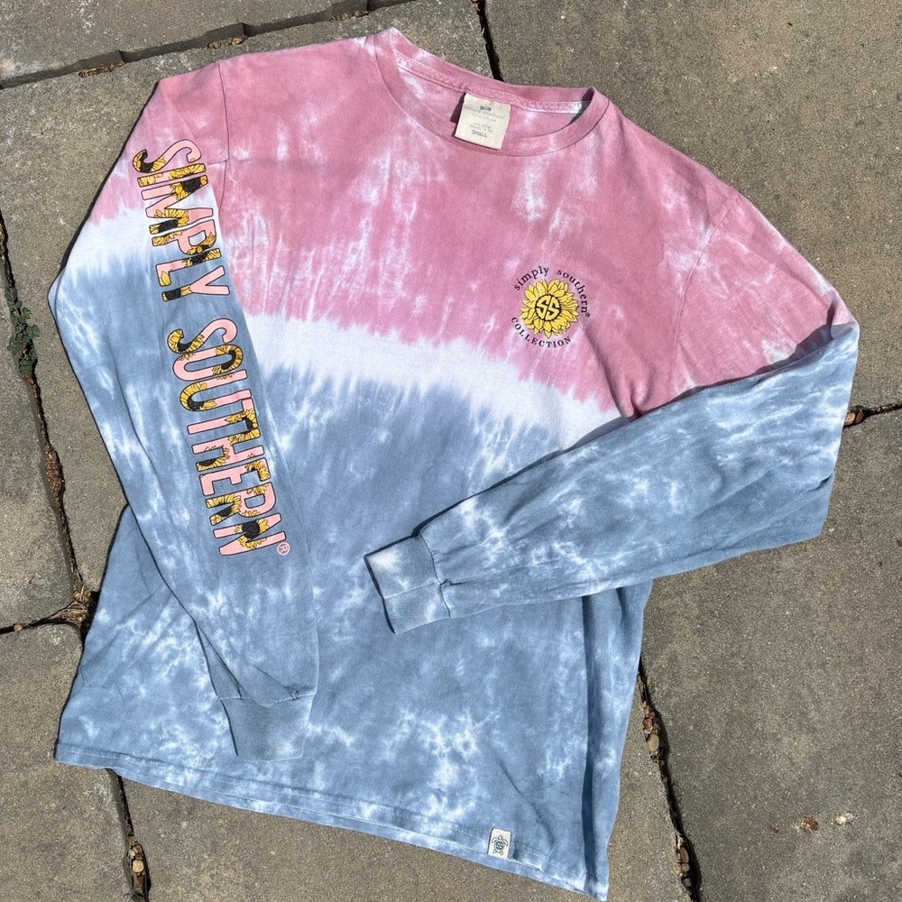 Simply Southern Pink and Blue Tie-Dye Long Sleeve Tee, Size Small